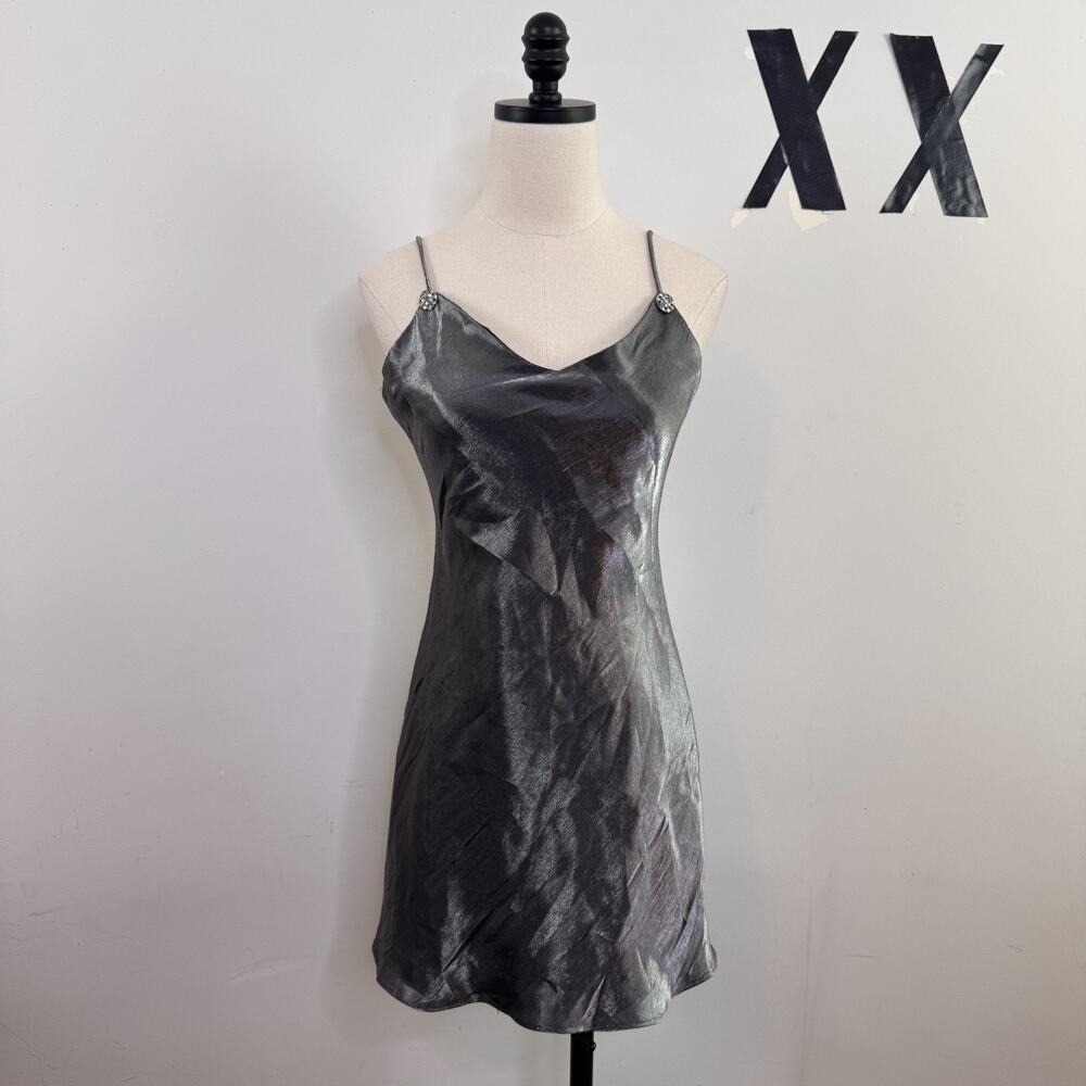 Vintage 90s Metallic Mini Slip Dress Gunmetal Liquid Shine Rhinestone Party M